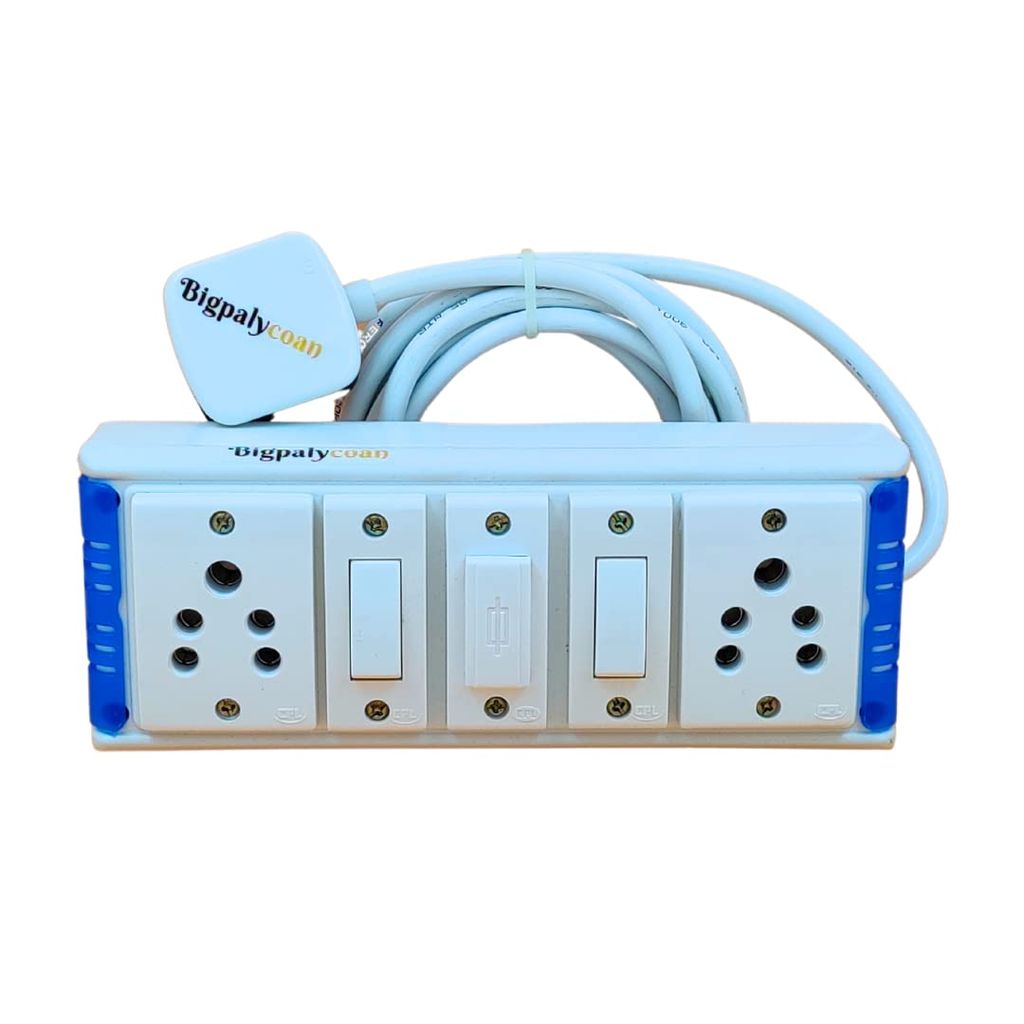Bigpalycoan 2 Way Electric Multi Outlets Power Strip Spike Guard with Individual Switches Heavy Duty 2 metre Cord (Max. Rating 1200W- 230V) PVC Blue/Green-White