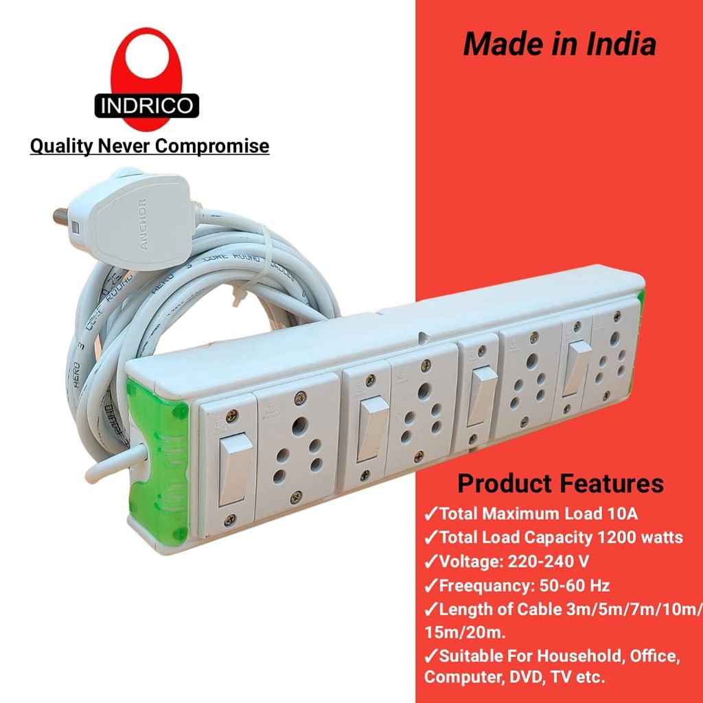 INDRICO Electric Junction Switch Board Multi Outlet Power Box with individual Switch Socket with heavy Duty Long Extension Wire Strip Cords for Home White-Green/Blue Pack of 1