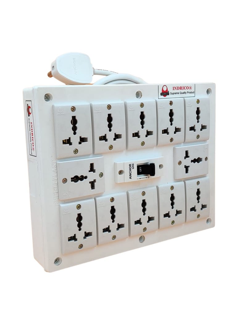INDRICO PVC 2000W 12 Way Extension Board with Universal Sockets MCB and Long Wire (Pack of 1, White)