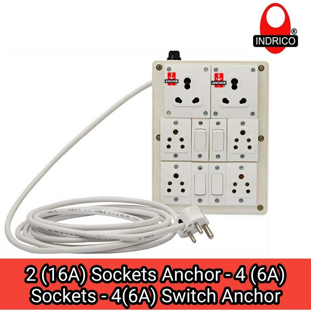 INDRICO? Polycarbonate Heavy Duty 2 Socket 15/16 Ampere, 4 Socket 6 Ampere, 4 Switch 6 Ampere 1.5mm 3 Core Wire Extension Board (White)