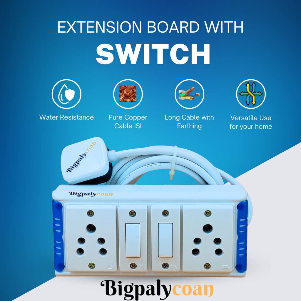 Bigpalycoan 2 Way Extension Multi Outlet Electrical Switch Board with Individual Switch Heavy Duty Long Cord (Max. Rating 1200W- 230V) PVC Blue/Green-White