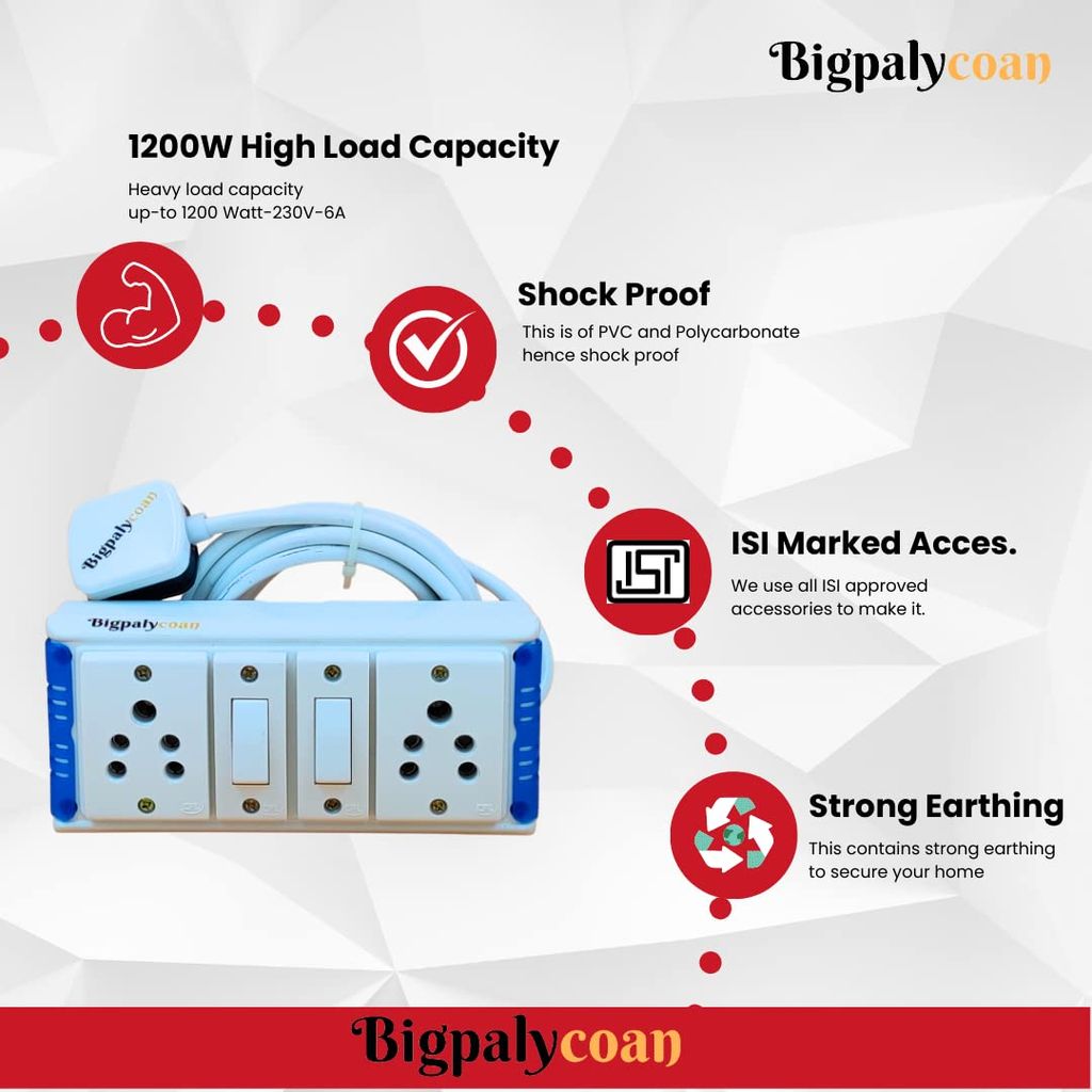 Bigpalycoan 2 Way Extension Multi Outlet Electrical Switch Board with Individual Switch Heavy Duty Long Cord (Max. Rating 1200W- 230V) PVC Blue/Green-White