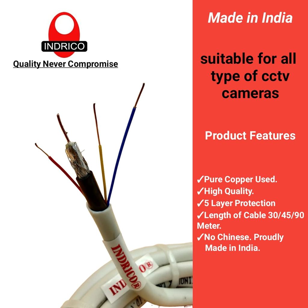 INDRICO 3+1 RG 59 Jelly Folded Pure Copper CCTV Cable Wire for Security Cameras White PVC Pack of 1