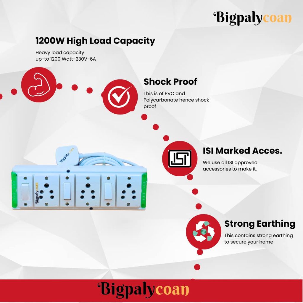 Bigpalycoan 3 Way Electric Extension Board with Individual Switch Heavy Duty Long Cord (Max. Rating 1200W- 230V) PVC Green-White