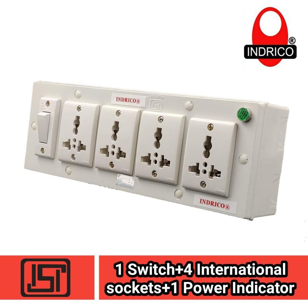 INDRICO? 5050 E-Book 4 + 1 Power Strip Extension Boards with Switch Polycarbonate, Indicator, & 4 International sockets White (Pack of 1)