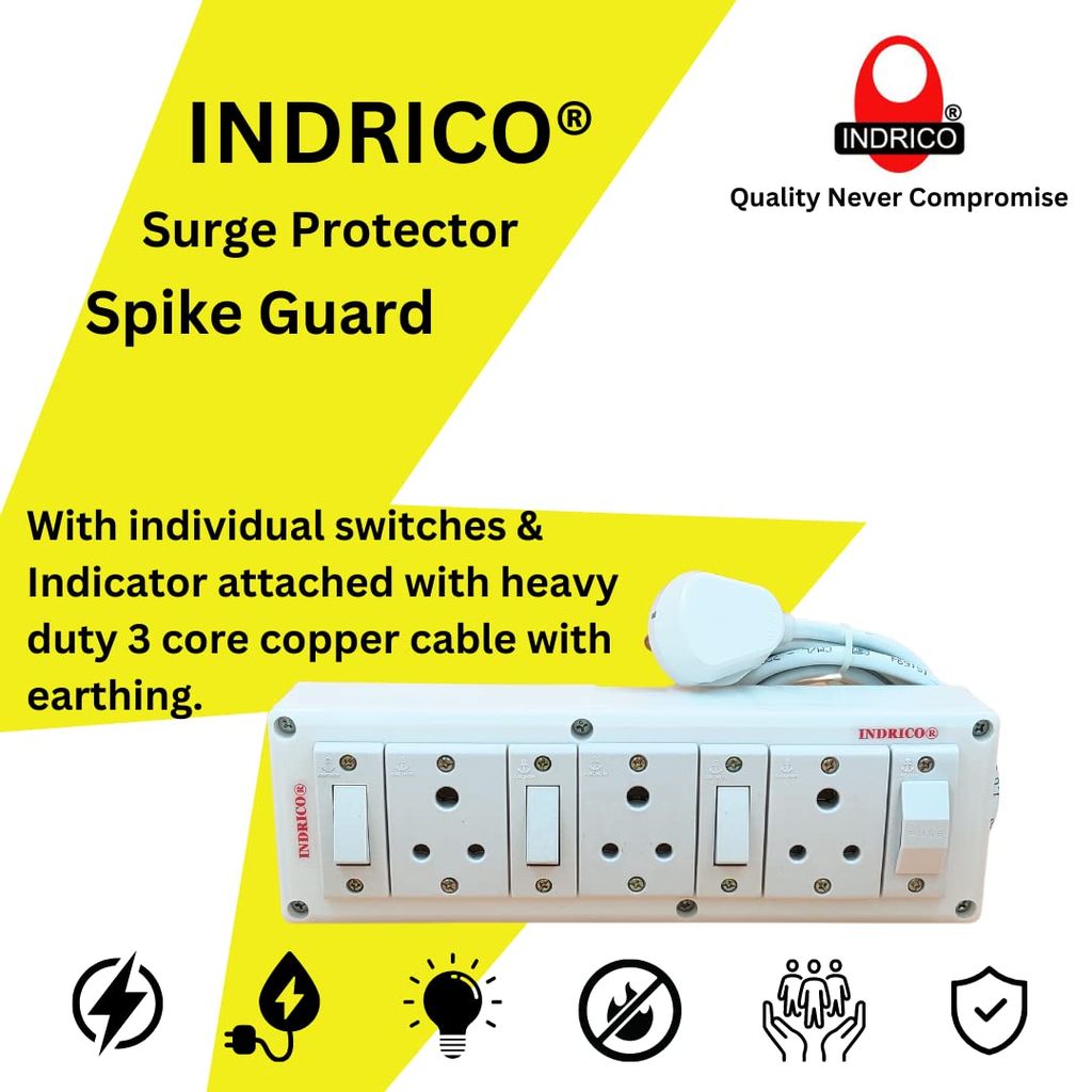 INDRICO Electrical Power Junction Box with Individual Switches Sockets, Long Wire Cable Wall fitting Board Electric Extension Multi Outlets Spike Guard PVC White Pack of 1