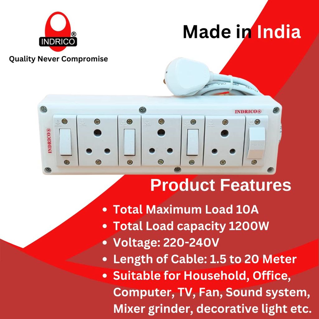 INDRICO Electrical Power Junction Box with Individual Switches Sockets, Long Wire Cable Wall fitting Board Electric Extension Multi Outlets Spike Guard PVC White Pack of 1