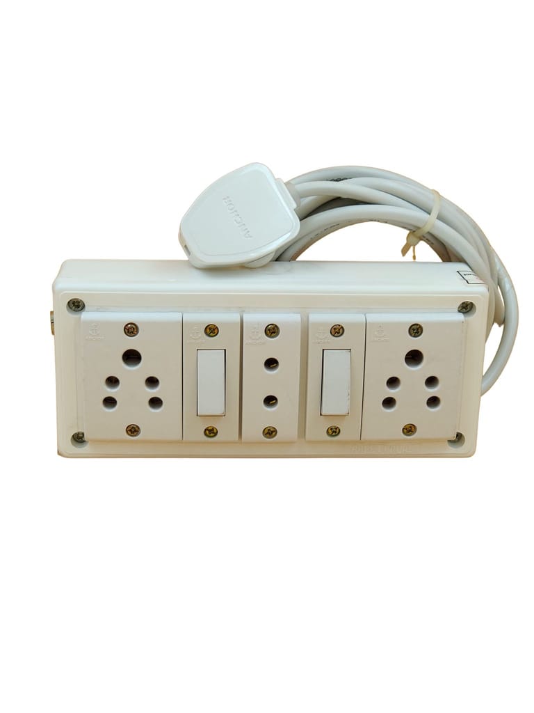 INDRICO Multi Outlets Power junction box electrical with 2 Switches 3 sockets Long Extension Wire Cable Wall fitting (Max. Ratings 1200 Watts) PVC Board White Pack of 1