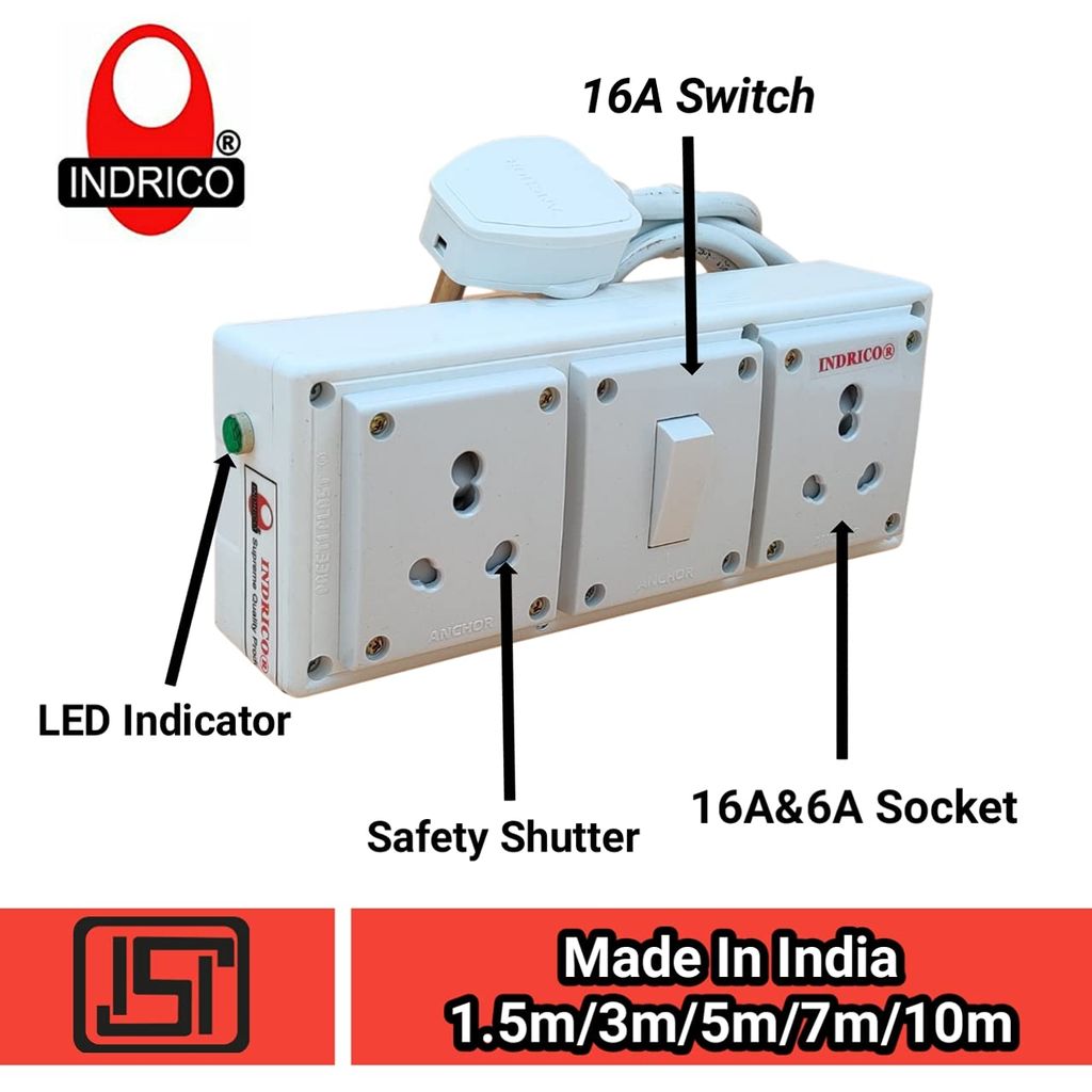 INDRICO 16 Amp Extension Board for Heavy Duty with Switch Wall Mounting PVC White Pack of 1