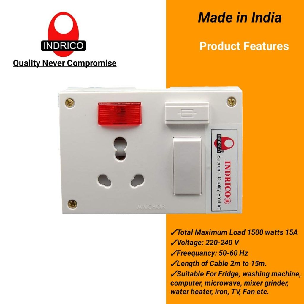 INDRICO? 16a Extension Boards with Switch Polycarbonate, Indicator & Fuse with Cloth Cable White (Pack of 1)