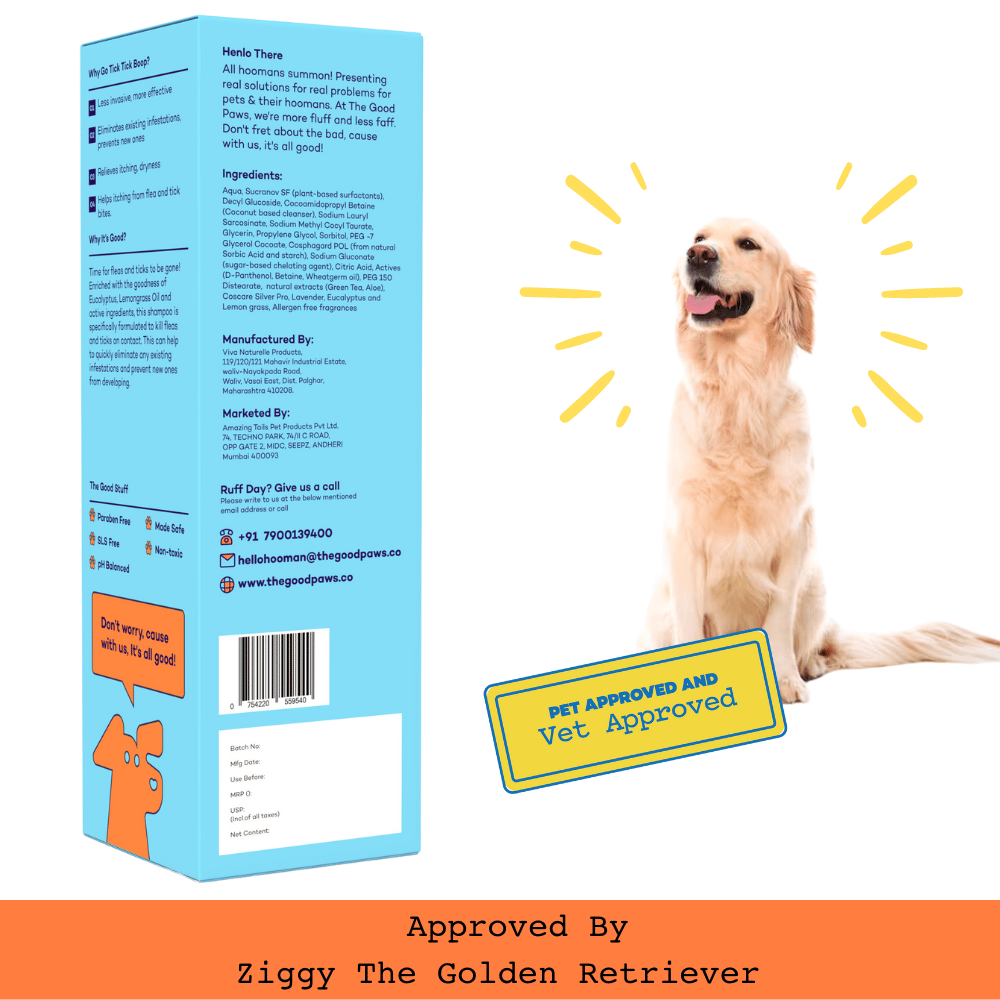 The Good Paws Tick Tick Boop | Flea & Tick Dog Shampoo | Relieves Itching & Dryness | All Natural | Made Safe I for Labrador, Golden Retriever I Itch Relief | Eucalyptus & Lemongrass Oil | 250 ml