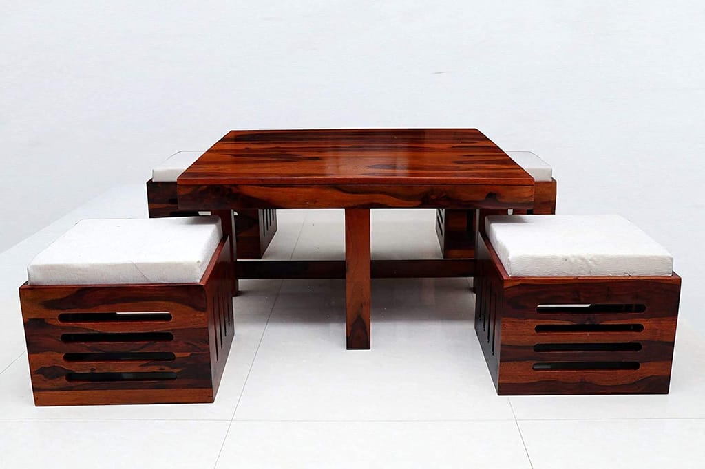 SHEESHAM WOOD CENTER TABLE FOR LIVING ROOM | WOODEN COFFEE TABLE | TEA TABLE | WITH 4 STOOLS | OFF WHITE CUSHIONS | PROVINCIAL TEAK FINISH BY CORAZZIN WOOD