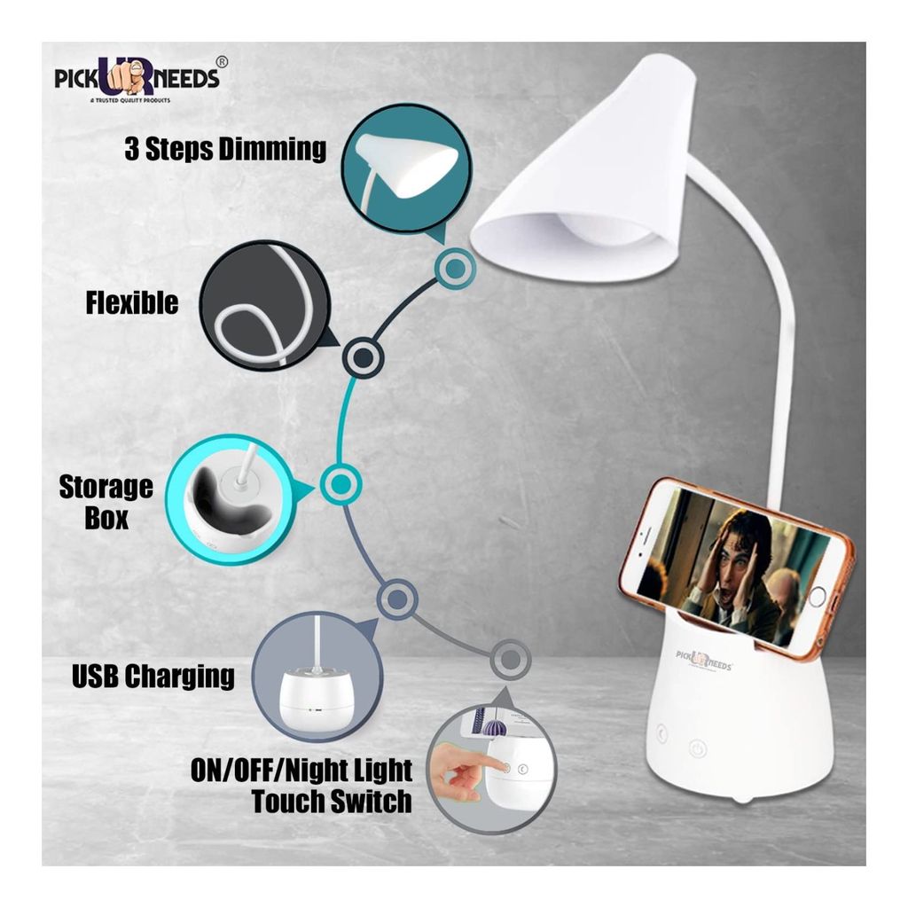 PICK UR NEEDS® CHARGEABLE LED TOUCH ON/OFF STUDY TABLE LAMP CHILDREN EYE PROTECTION STUDENT STUDY READING DIMMER RECHARGEABLE LED TABLE LAMPS USB CHARGING(COLOR WHITE) (5 IN ONE) (NEW 5 IN 1)