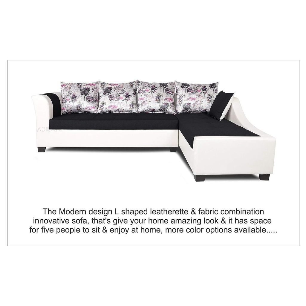 LIFESTYLE FURNITURE KEERTHY L SHAPE LEATHERETTE FABRIC 5 SEATER SOFA (BLACK & WHITE)