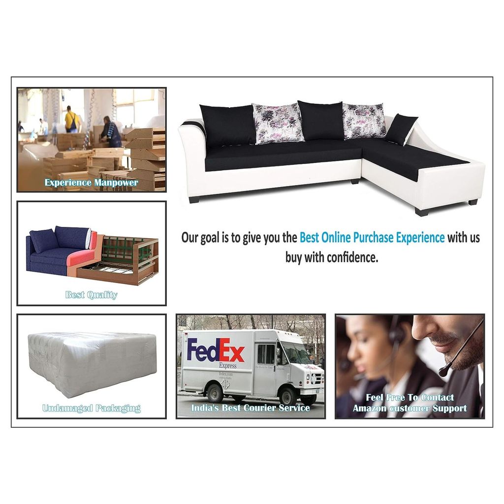 LIFESTYLE FURNITURE KEERTHY L SHAPE LEATHERETTE FABRIC 5 SEATER SOFA (BLACK & WHITE)