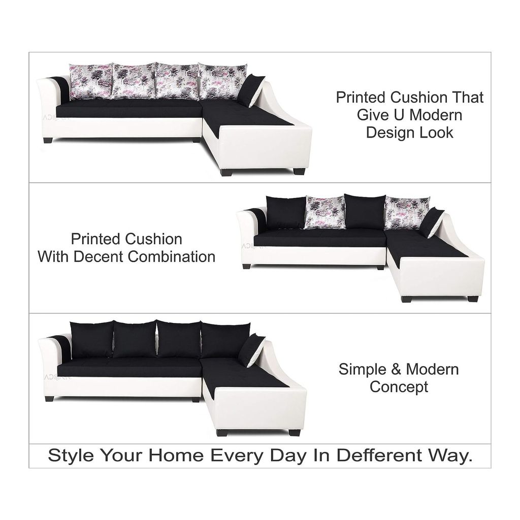 LIFESTYLE FURNITURE KEERTHY L SHAPE LEATHERETTE FABRIC 5 SEATER SOFA (BLACK & WHITE)