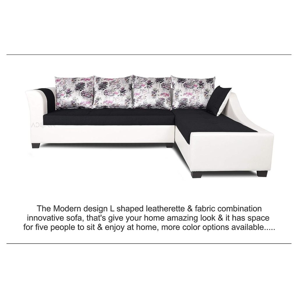 LIFESTYLE FURNITURE KEERTHY L SHAPE LEATHERETTE FABRIC 5 SEATER SOFA (BLACK & WHITE)