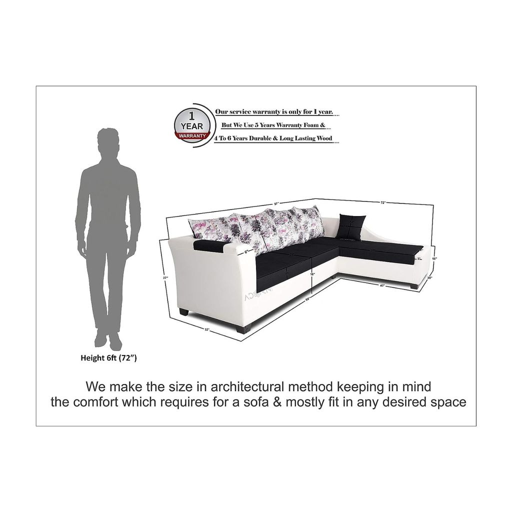 LIFESTYLE FURNITURE KEERTHY L SHAPE LEATHERETTE FABRIC 5 SEATER SOFA (BLACK & WHITE)