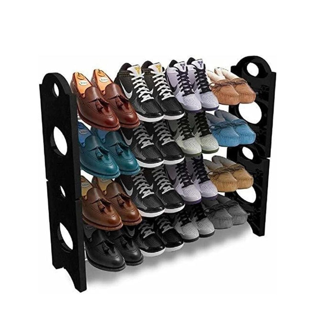 TNT MULTIPURPOSE FOLDABLE SHOE RACK CABINET ORGANISER 4 SHELVES, BLACK (IRON AND PLASTIC)