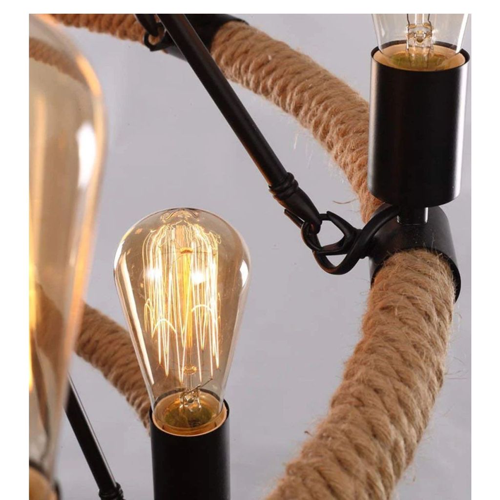 LAMPS OF INDIA VINTAGE HEMP ROPE CHANDELIER PENDANT METAL ISLAND LIGHTING FIXTURE CEILING LAMP FOR LIVING ROOM CAFE BASEMENT RESTAURANT BAR (BLACK/BEIGE) (BULBS NOT INCLUDED)