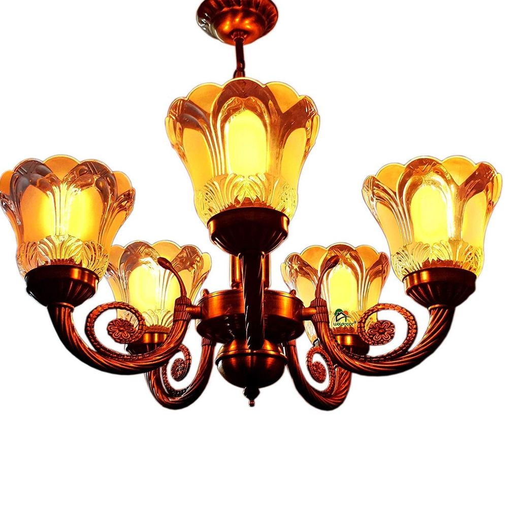 WELDECOR® ANTIQUE 5 LAMP DESIGNER CHANDELIER CEILING LIGHT MADE OF ALLOY | DESIGNER JHOOMER FOR LIVING ROOM (BRASS)