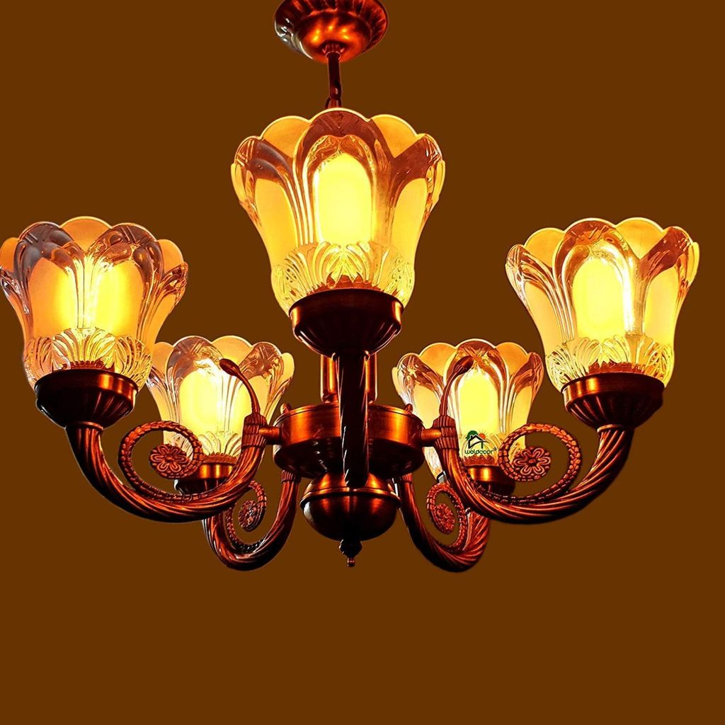 WELDECOR® ANTIQUE 5 LAMP DESIGNER CHANDELIER CEILING LIGHT MADE OF ALLOY | DESIGNER JHOOMER FOR LIVING ROOM (BRASS)