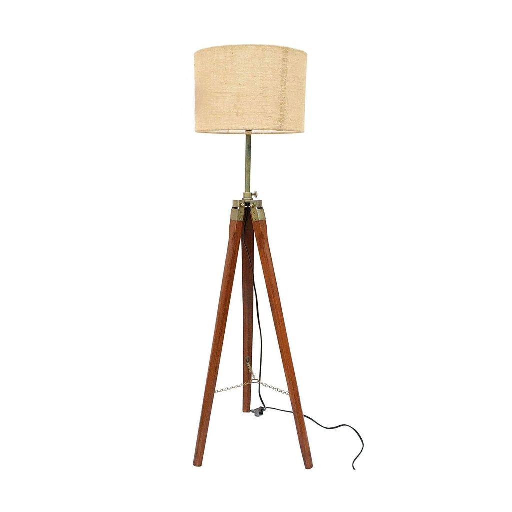 LAMPS AND LIGHT JUTE FABRIC WITH KHADI SHADE WOODEN TRIPOD FLOOR LAMP STAND WITH SHADE AND BULB DECORATIVE LAMP