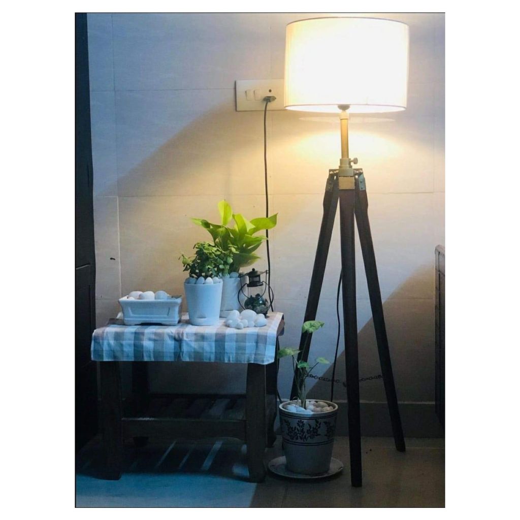 LAMPS AND LIGHT JUTE FABRIC WITH KHADI SHADE WOODEN TRIPOD FLOOR LAMP STAND WITH SHADE AND BULB DECORATIVE LAMP
