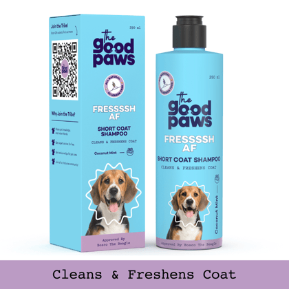 The Good Paws FRESSSSH AF Short Coat Shampoo | Cleans & Freshens Coat | Made Safe I Dog Shampoo for Labrador, Beagle, Indie | All Natural Jojoba & Castor Oil | Pet Shampoo for Dogs & Cats | 250 ml