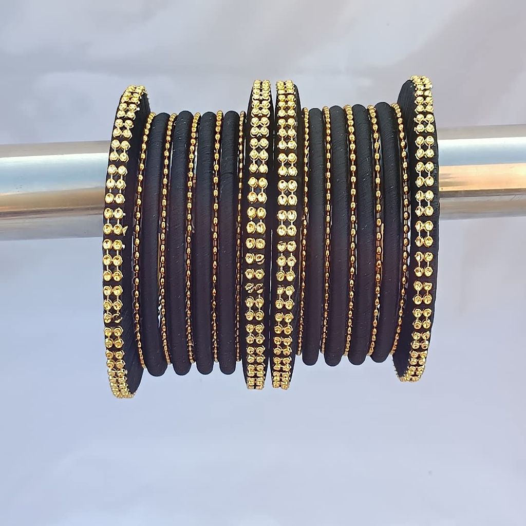 Stylish Alloy Women & Girls Ball Chain Bangles with Intricate Bagdi Thread Design - Ball Chain Bangles - Bagdi Thread Bangles - Traditional Bangles for Wedding, Party, Anniversary-10 (Black, 2.6)