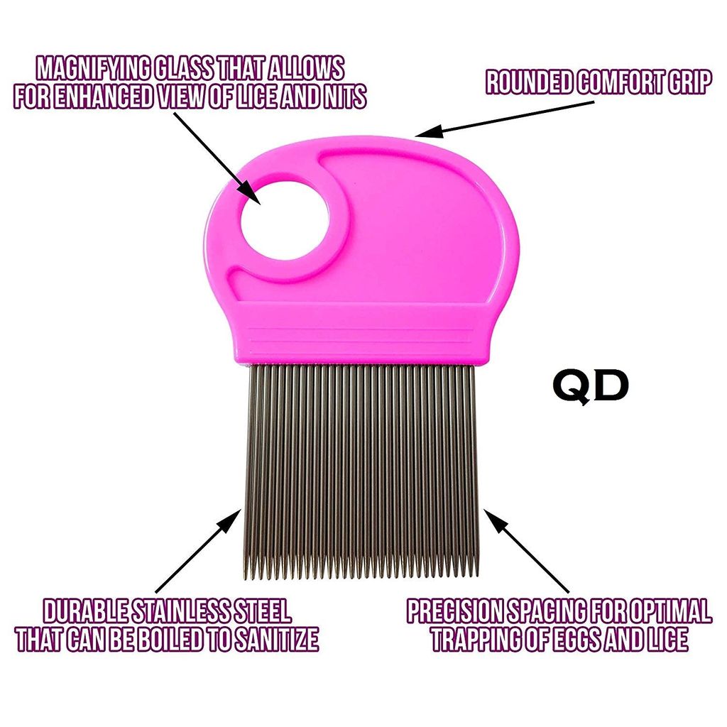 Q D PINK COLOR Metal Long stainless steel Teeth Magnify Lens Hair Lice Nit and Egg Removar Comb with Plastic handle Grip for school kids,Man, women,Baby (Random Colour)