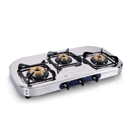 Glen 3 High Flame Brass Burners LPG Gas Stoves | Stainless Steel Top | Manual Ignition | ISI Certified| Fixed Stainless Steel Drip Trays | Anti-Skid Feet | Ergonomic Knobs | 360 Degree Revolving Nozzle | 2 Year Warranty | 1037 SS HF BB