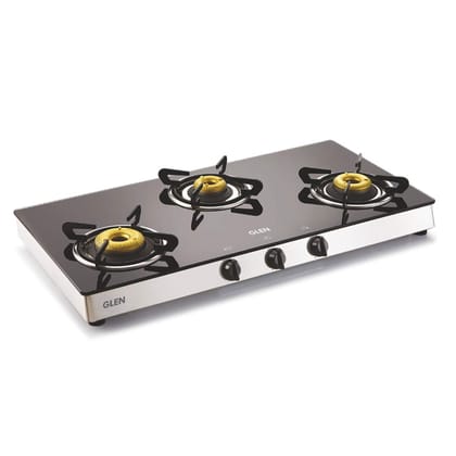 Glen 3 Burner LPG Glass Gas Stove High Flame Forged Brass Burner, Double Drip Trays Extra Wide Black (1038 GT FB)