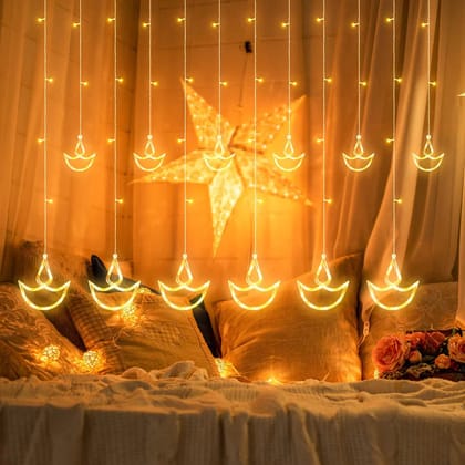 12 DIYAS WINDOW CURTAIN LED LIGHTS WITH 8 FLASHING MODES DECORATION FOR HOME DECORATION, DIWALI & WEDDING LED CHRISTMAS LIGHT INDOOR AND OUTDOOR LIGHT ,FESTIVAL DECORATION, LIGHT PLUG-IN (WARM WHITE)