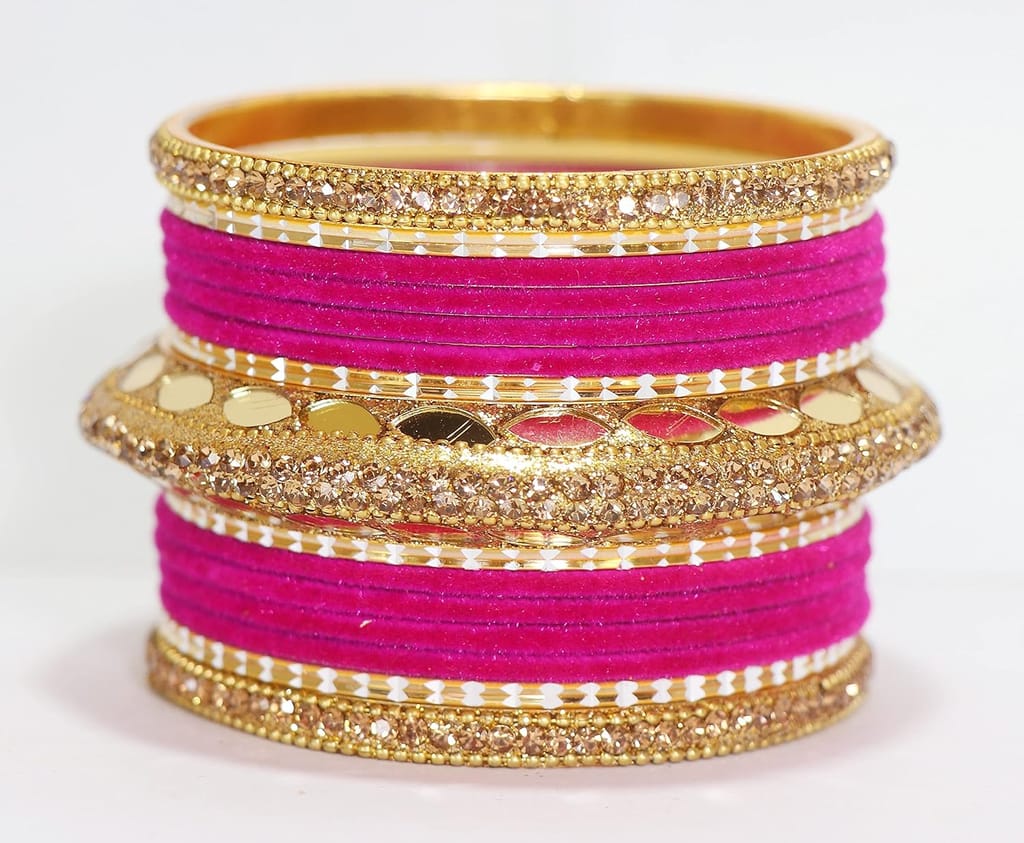 NMII Non-Precious Metal Base Metal With Velvet Worke Pearls Chain and Mirror Zircon Gemstone Studded Worked Chuda Set For Women - Jewellery Sets | Buy online on ZillyBuy