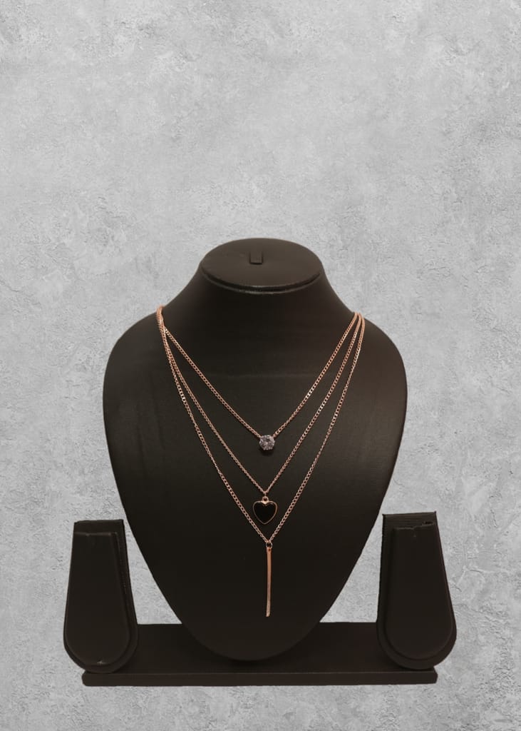 "UG FASHION JEWELLERY: Charmed in Elegance - 3 Layer Gold Tone Necklace with Black Heart, Bar, and Single Diamond Charms for Girls"