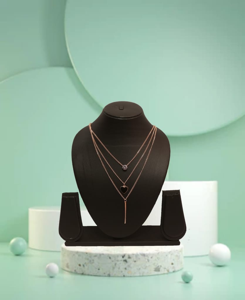 "UG FASHION JEWELLERY: Charmed in Elegance - 3 Layer Gold Tone Necklace with Black Heart, Bar, and Single Diamond Charms for Girls"