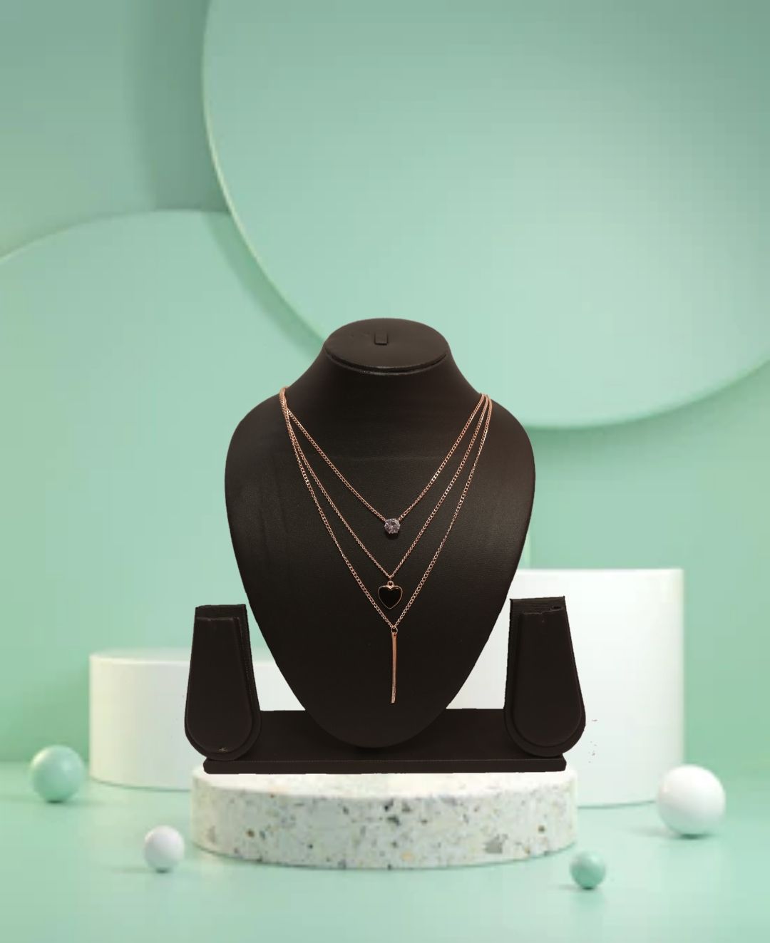 "UG FASHION JEWELLERY: Charmed in Elegance - 3 Layer Gold Tone Necklace with Black Heart, Bar, and Single Diamond Charms for Girls"