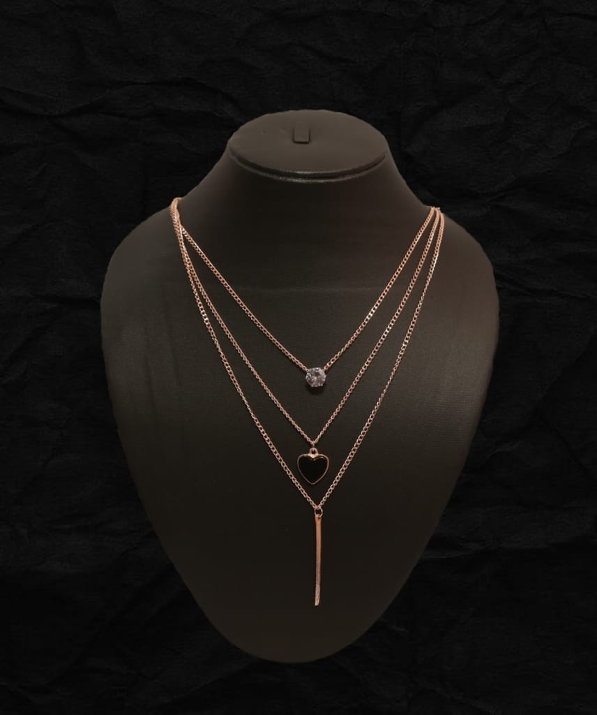 "UG FASHION JEWELLERY: Charmed in Elegance - 3 Layer Gold Tone Necklace with Black Heart, Bar, and Single Diamond Charms for Girls"