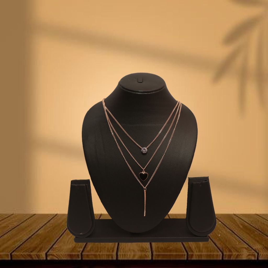 "UG FASHION JEWELLERY: Charmed in Elegance - 3 Layer Gold Tone Necklace with Black Heart, Bar, and Single Diamond Charms for Girls"