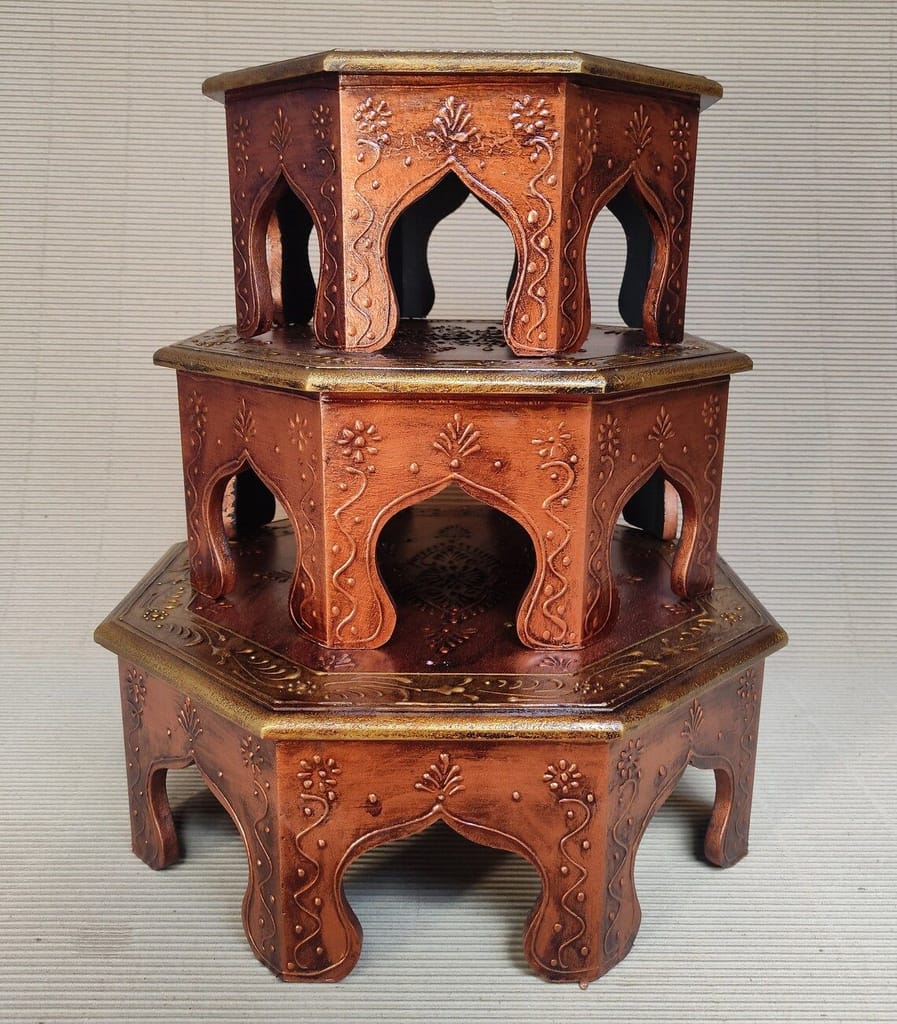 Home Design Wood Painted Bajot-Chowki for Pooja/Sitting Chowki for All Purpose/Pooja Decor/Chowki/Patla/Chowki for Daily Prayer Home Décor(Octangle Copper -Set of 3)