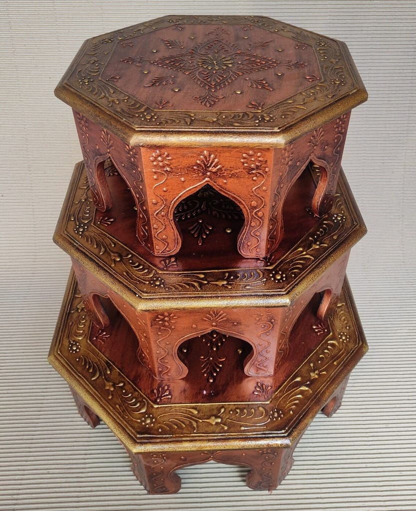 Home Design Wood Painted Bajot-Chowki for Pooja/Sitting Chowki for All Purpose/Pooja Decor/Chowki/Patla/Chowki for Daily Prayer Home Décor(Octangle Copper -Set of 3)