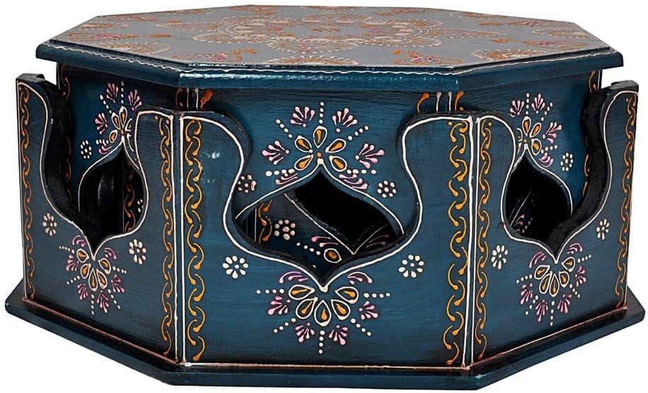 Home Design  Wooden Bajot Set for Home Decor, Multicolour | Wood Bajot | Wood Chowki | Octangle Shape Bajot (Blue-set of 3)