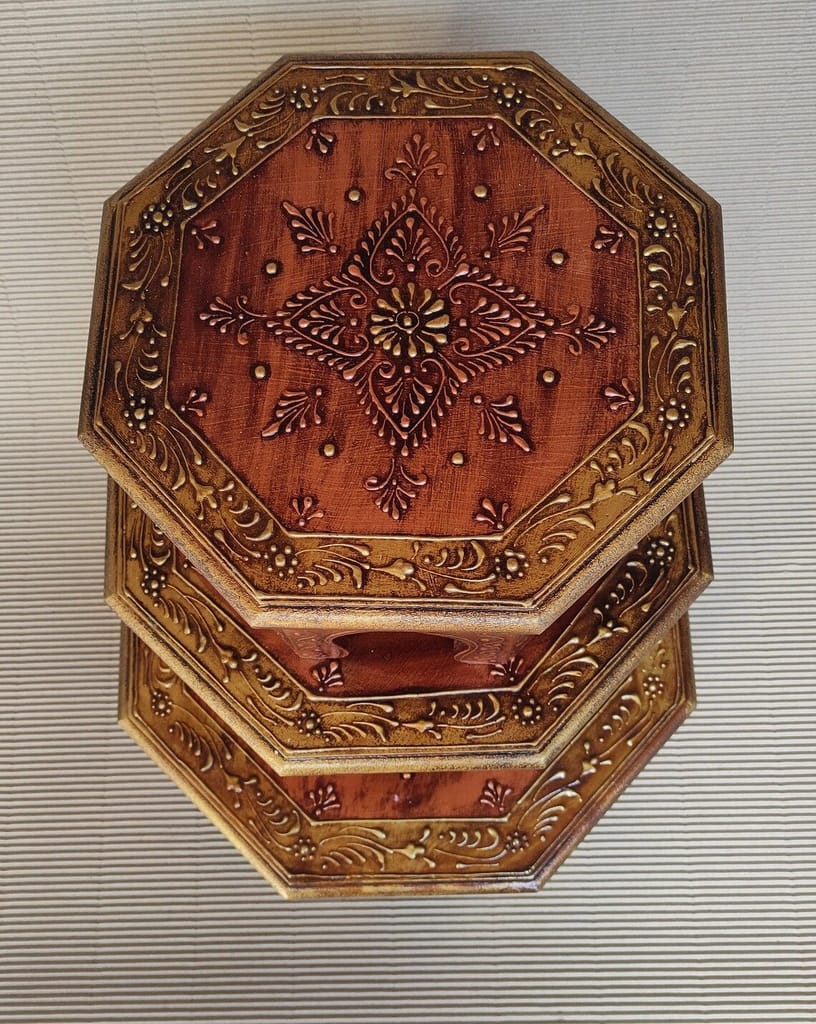 Home Design Wood Painted Bajot-Chowki for Pooja/Sitting Chowki for All Purpose/Pooja Decor/Chowki/Patla/Chowki for Daily Prayer Home Décor(Octangle Copper -Set of 3)