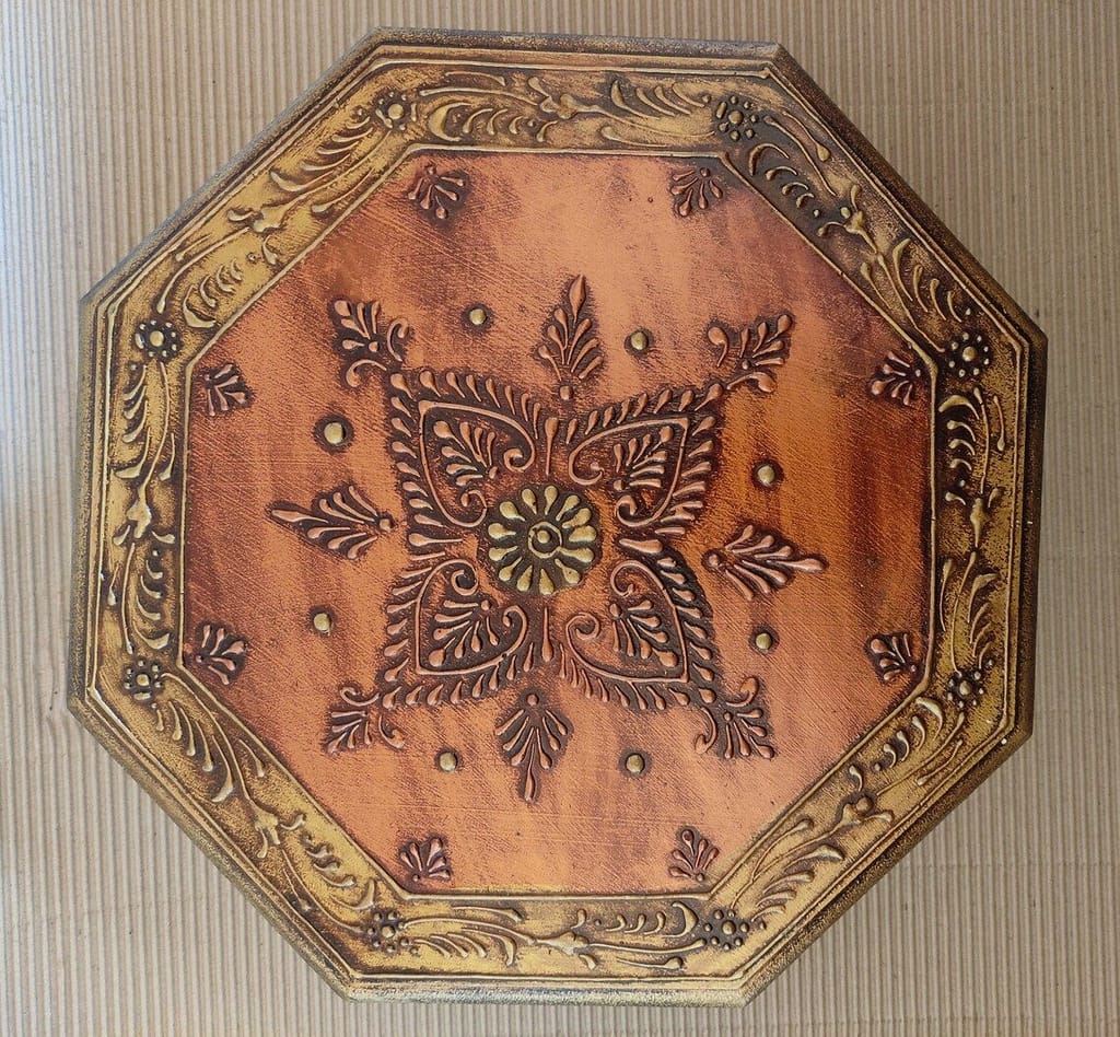Home Design Wood Painted Bajot-Chowki for Pooja/Sitting Chowki for All Purpose/Pooja Decor/Chowki/Patla/Chowki for Daily Prayer Home Décor(Octangle Copper -Set of 3)