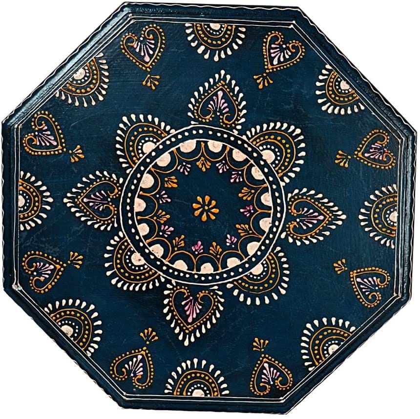 Home Design  Wooden Bajot Set for Home Decor, Multicolour | Wood Bajot | Wood Chowki | Octangle Shape Bajot (Blue-set of 3)