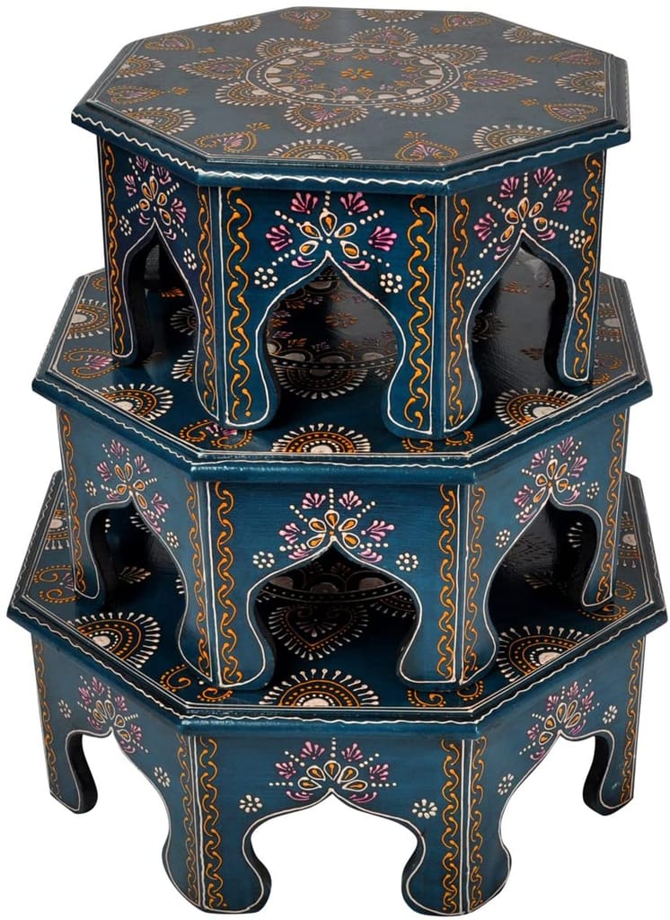 Home Design  Wooden Bajot Set for Home Decor, Multicolour | Wood Bajot | Wood Chowki | Octangle Shape Bajot (Blue-set of 3)