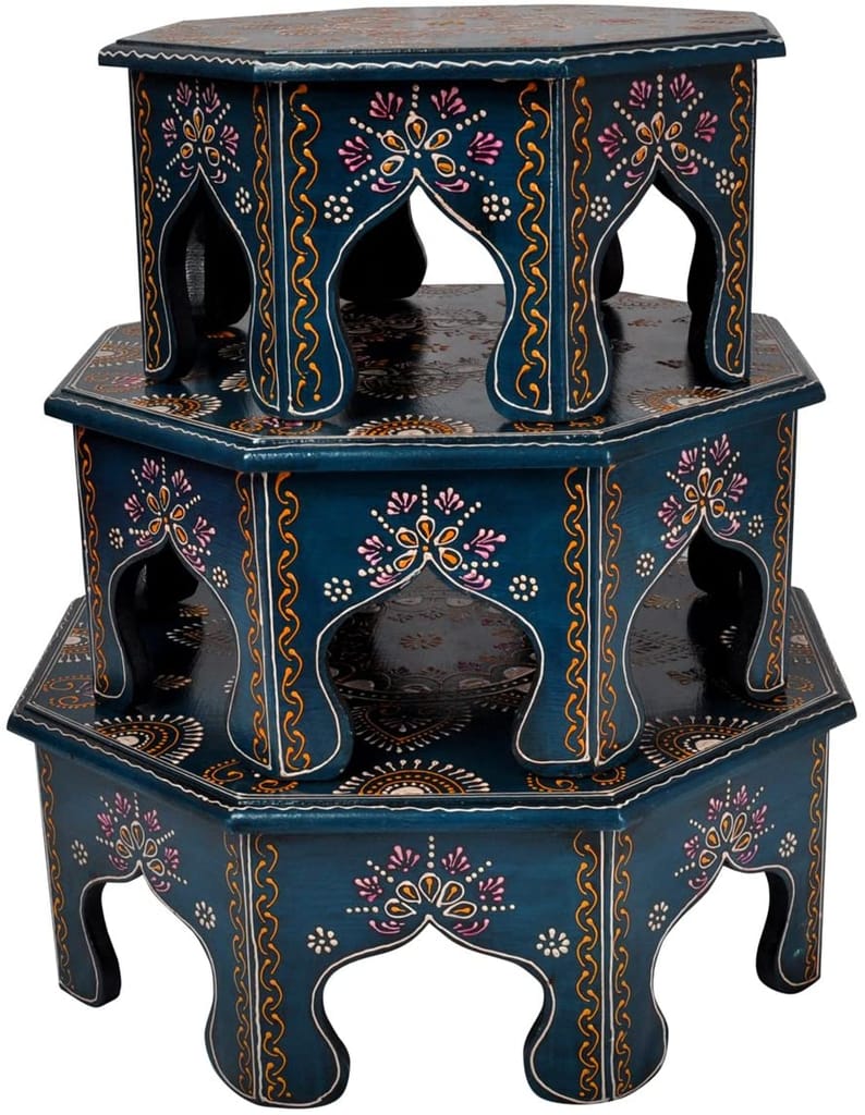 Home Design  Wooden Bajot Set for Home Decor, Multicolour | Wood Bajot | Wood Chowki | Octangle Shape Bajot (Blue-set of 3)