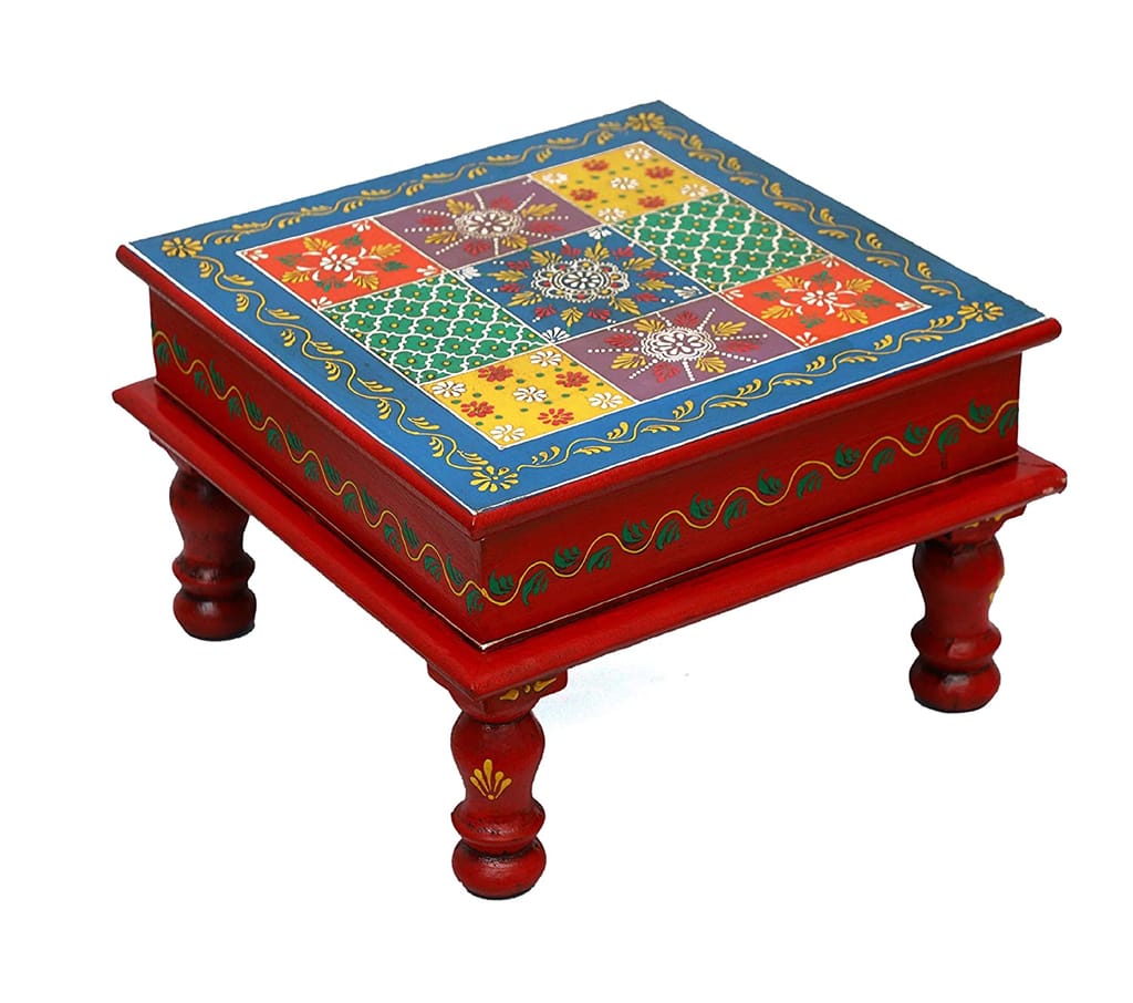 Home Design Wooden Pooja Chowki, Handmade Embossed Painting Chowki, Handcrafted Bajot, Pooja Stool, Wooden Handmade Bajot, Indian Handicraft Decor Art (12 x 12 x 6 INCHES) (ME74)