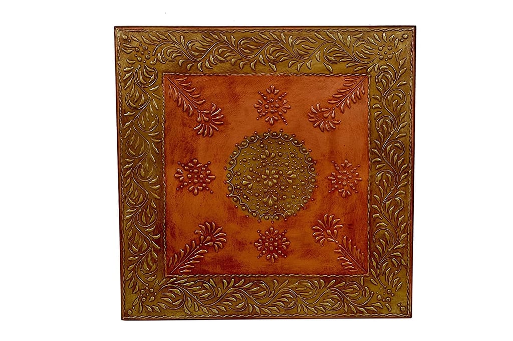 Home Design Wooden Pooja Chowki, Handmade Embossed Painting Chowki, Handcrafted Bajot, Pooja Stool, Wooden Handmade Bajot (Copper+ Gold) (18 x 18 x 6 in INCHES)